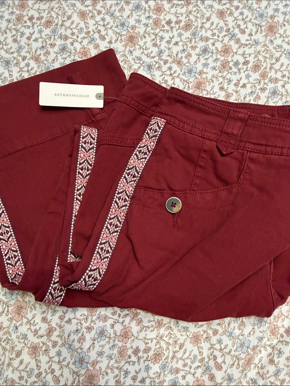 Anthropologie Burgundy Pants with Embroidered leg
